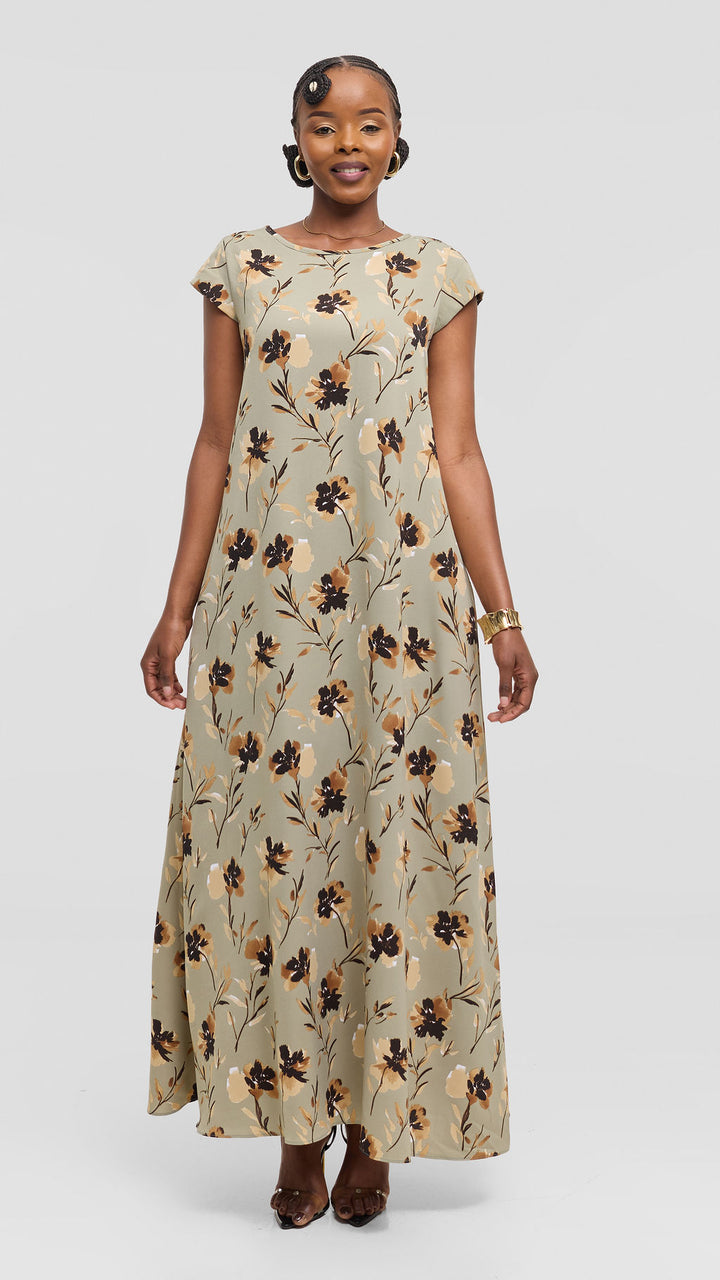 Vivo Basic Cap Sleeve Tent Maxi Dress in Crepe - Jungle Green / Brown Floral Print