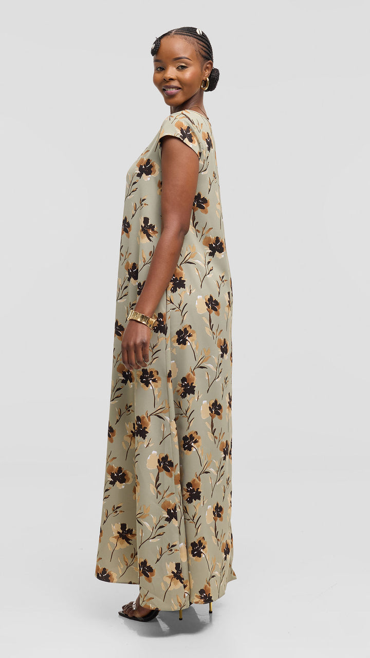 Vivo Basic Cap Sleeve Tent Maxi Dress in Crepe - Jungle Green / Brown Floral Print