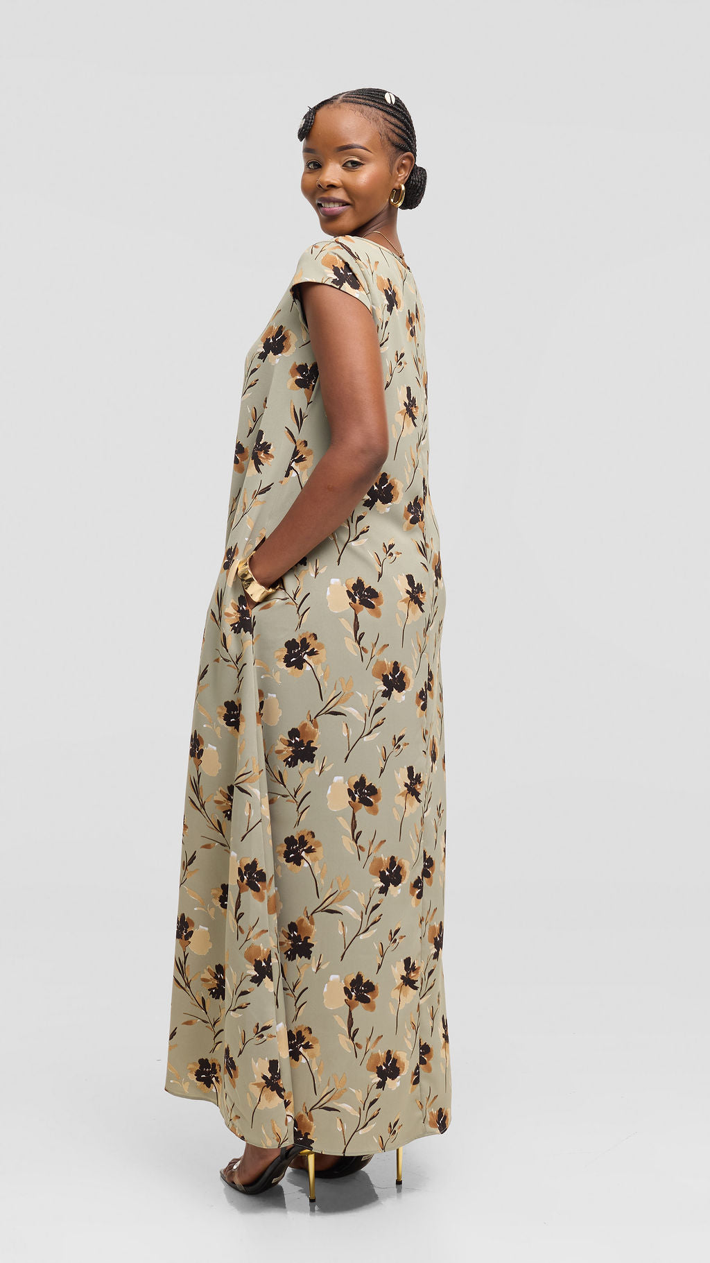 Vivo Basic Cap Sleeve Tent Maxi Dress in Crepe - Jungle Green / Brown Floral Print