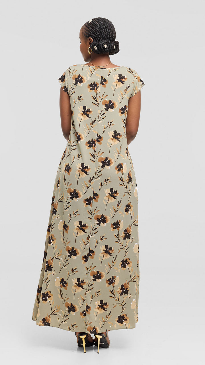Vivo Basic Cap Sleeve Tent Maxi Dress in Crepe - Jungle Green / Brown Floral Print