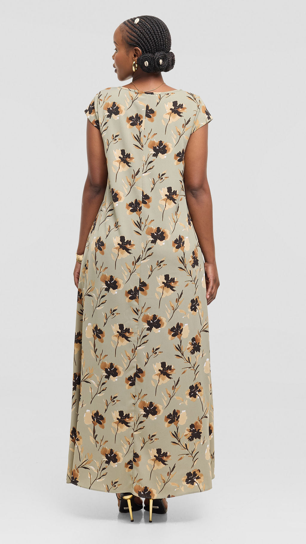 Vivo Basic Cap Sleeve Tent Maxi Dress in Crepe - Jungle Green / Brown Floral Print