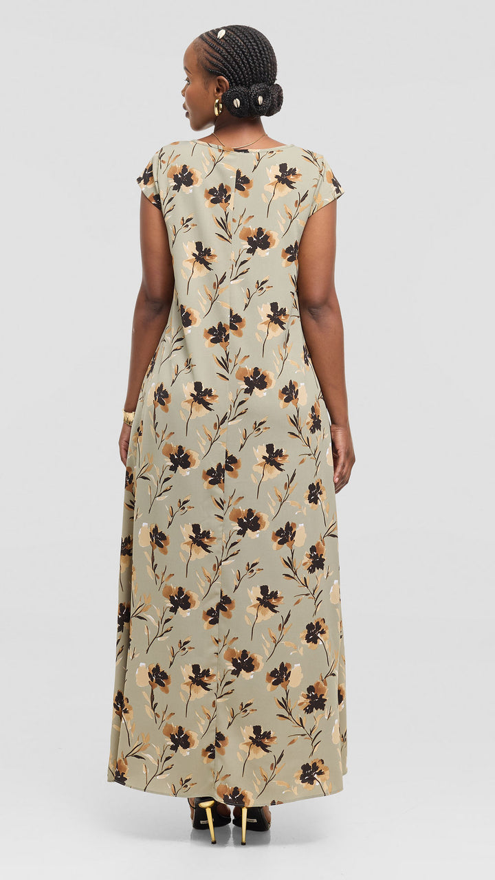 Vivo Basic Cap Sleeve Tent Maxi Dress in Crepe - Jungle Green / Brown Floral Print