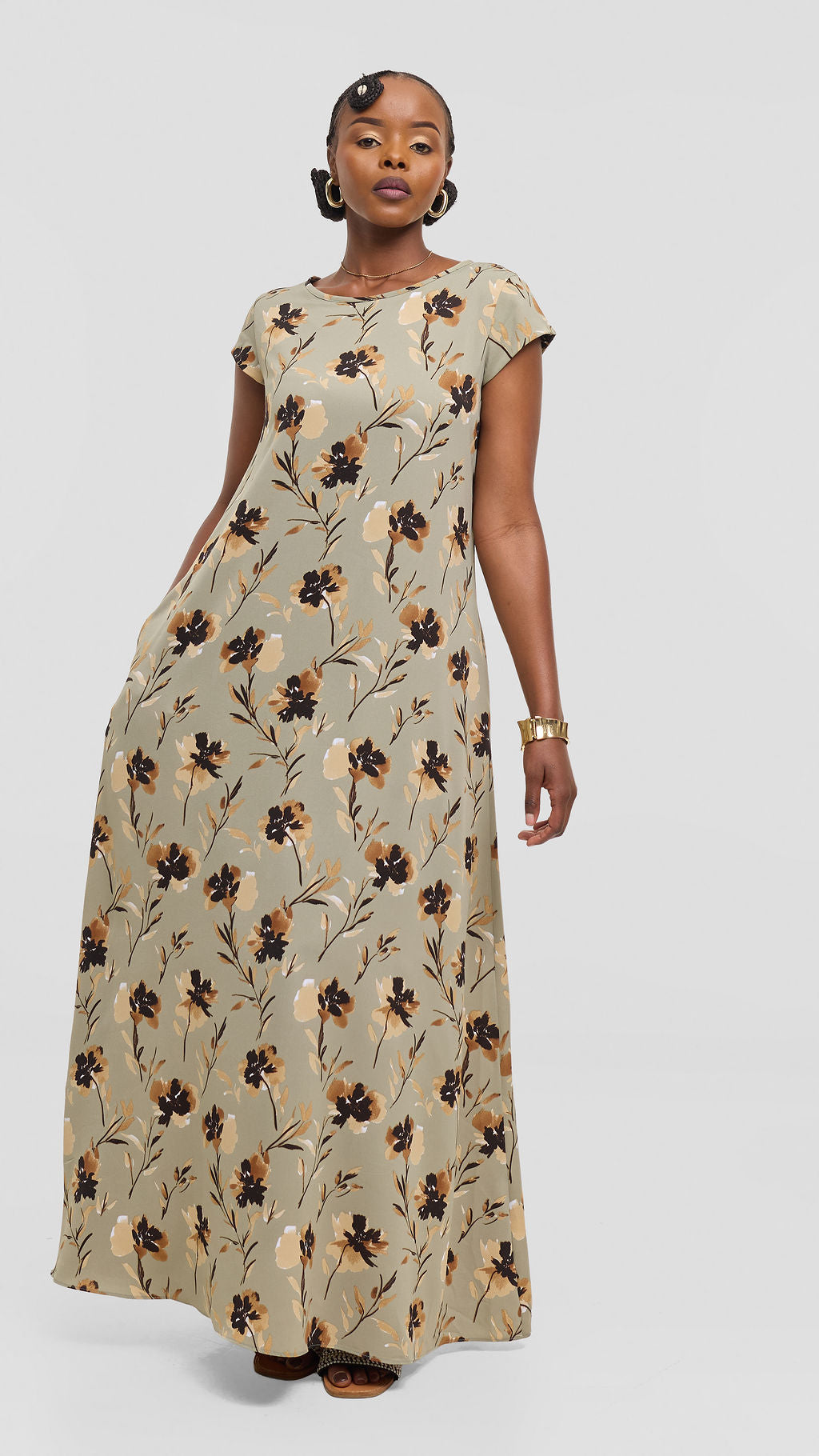 Vivo Basic Cap Sleeve Tent Maxi Dress in Crepe - Jungle Green / Brown Floral Print
