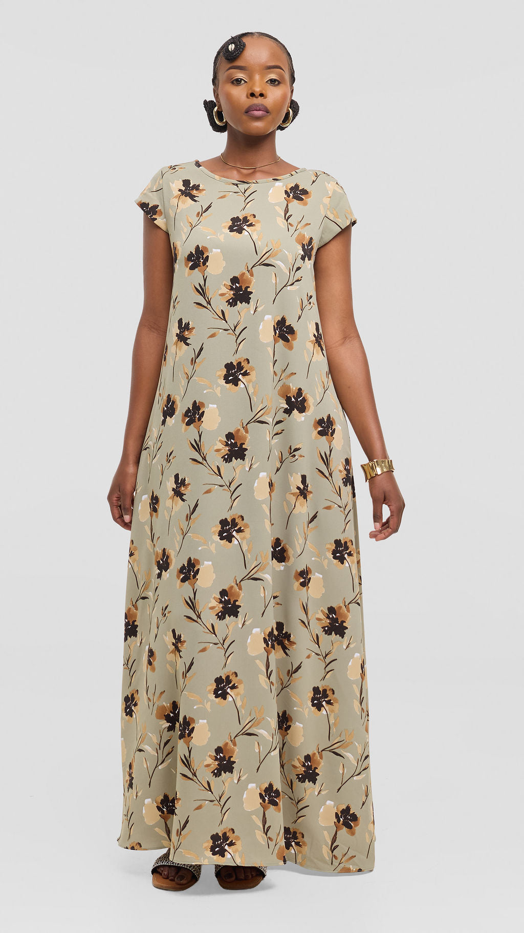 Vivo Basic Cap Sleeve Tent Maxi Dress in Crepe - Jungle Green / Brown Floral Print