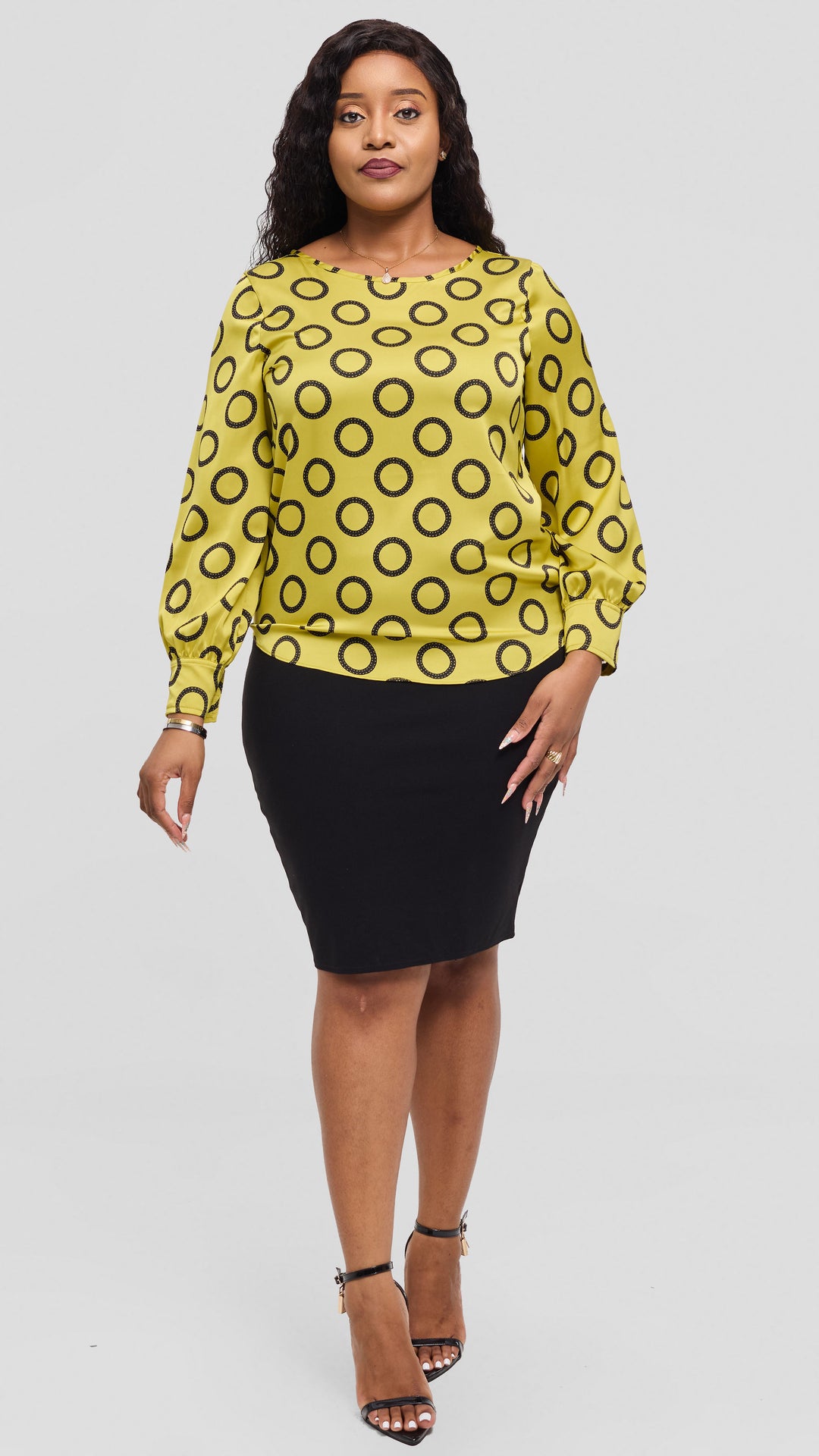 Vivo Tatili Bishop Long Sleeve Top in Satin - Olive / Black Garini Print
