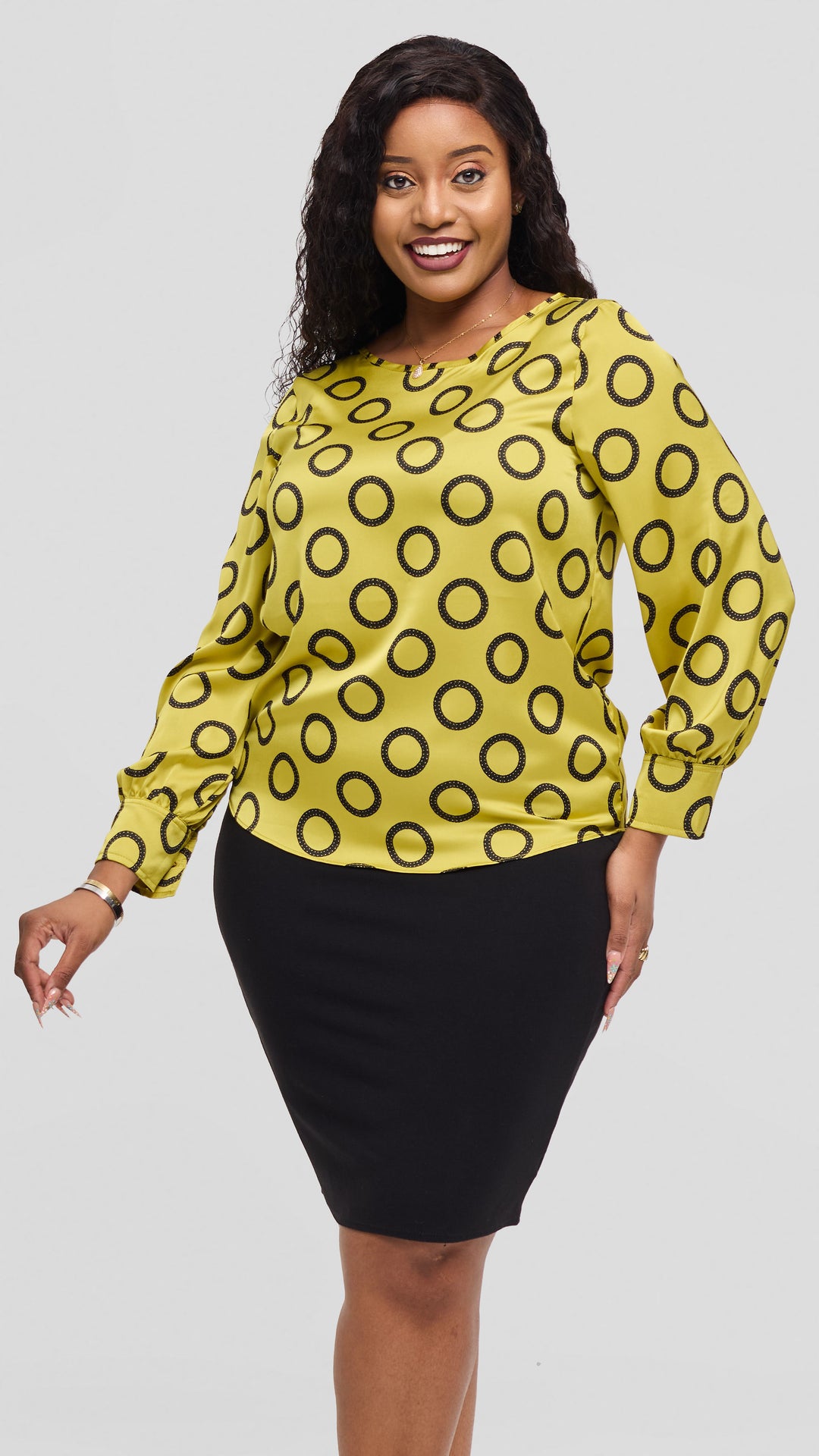 Vivo Tatili Bishop Long Sleeve Top in Satin - Olive / Black Garini Print