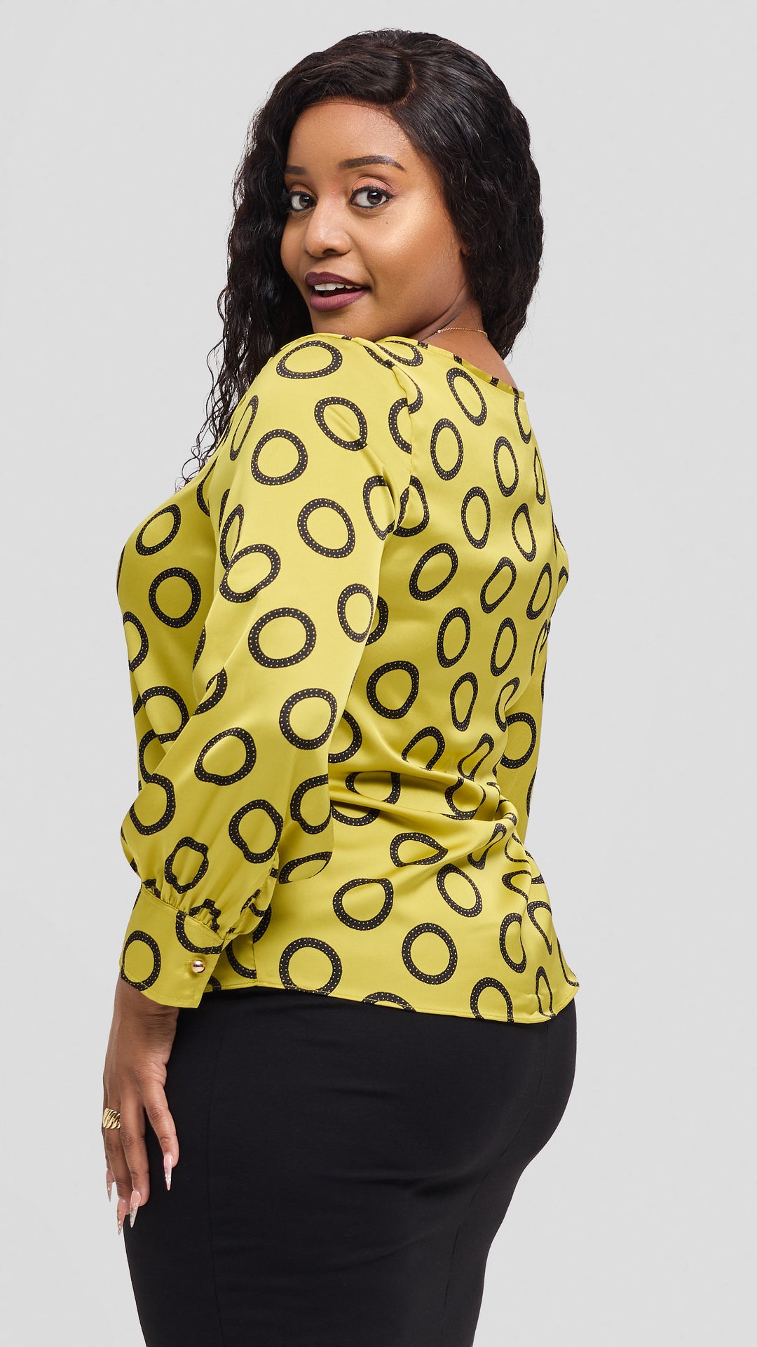 Vivo Tatili Bishop Long Sleeve Top in Satin - Olive / Black Garini Print