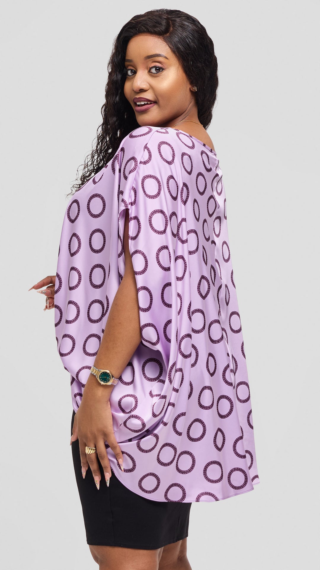Vivo Amai Hi-Low Top in Satin - Lilac / Maroon Garini Print