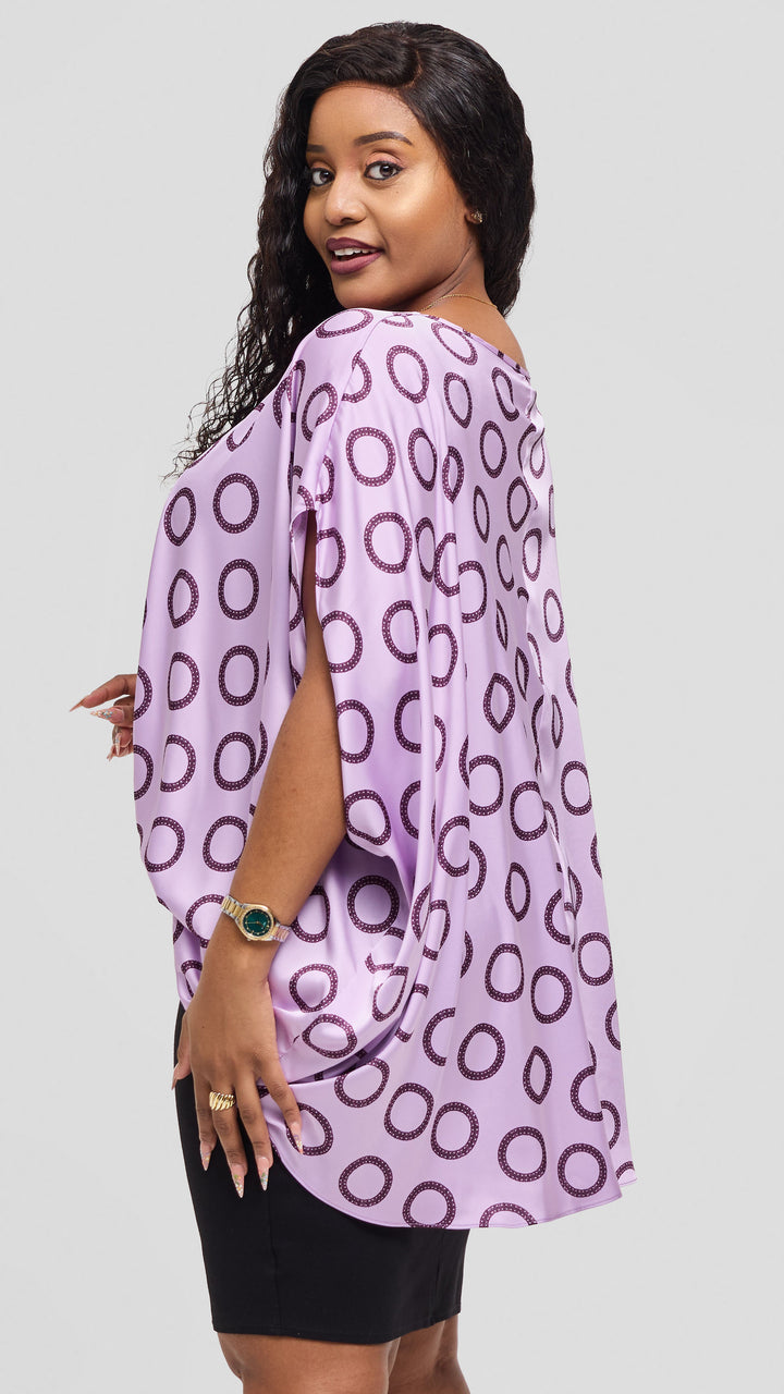 Vivo Amai Hi-Low Top in Satin - Lilac / Maroon Garini Print