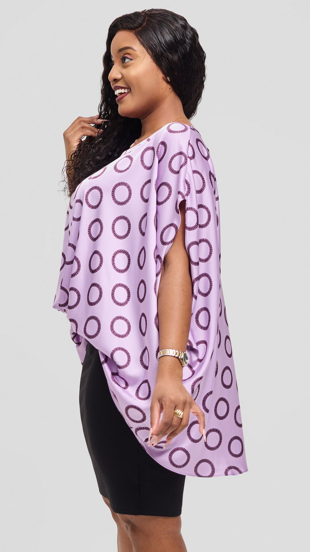 Vivo Amai Hi-Low Top in Satin - Lilac / Maroon Garini Print