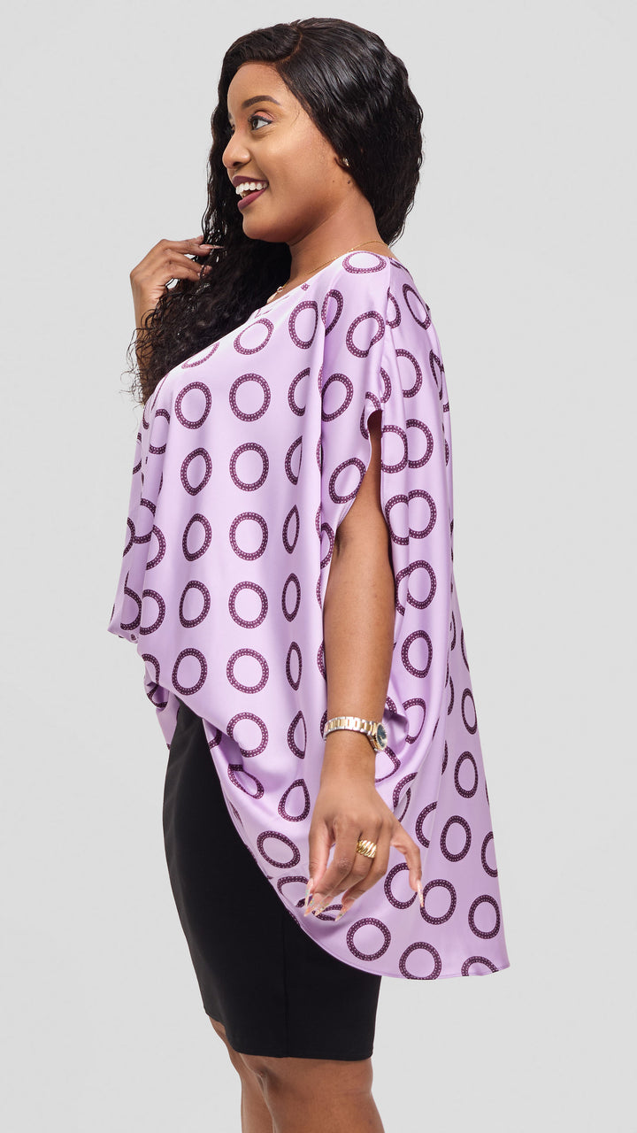 Vivo Amai Hi-Low Top in Satin - Lilac / Maroon Garini Print