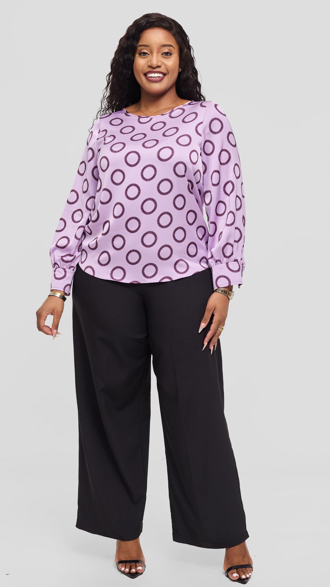 Vivo Tatili Bishop Long Sleeve Top in Satin - Lilac / Maroon Garini Print