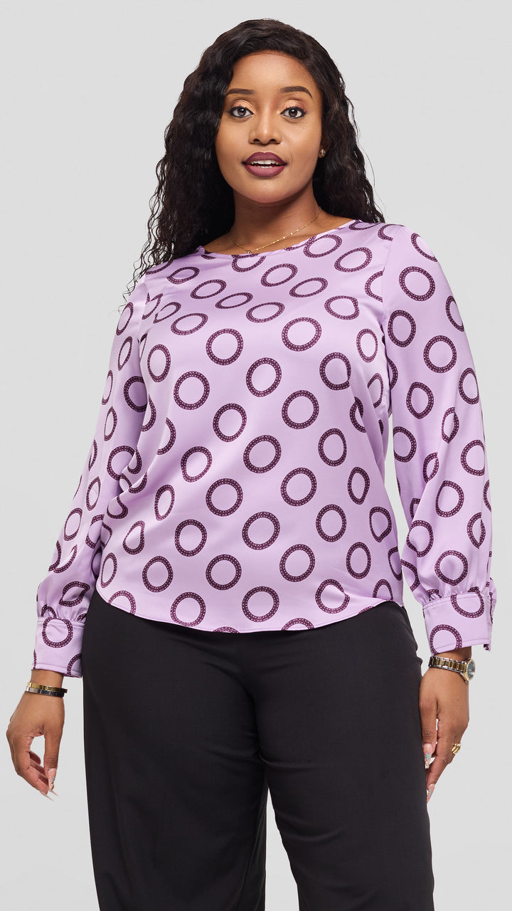 Vivo Tatili Bishop Long Sleeve Top in Satin - Lilac / Maroon Garini Print