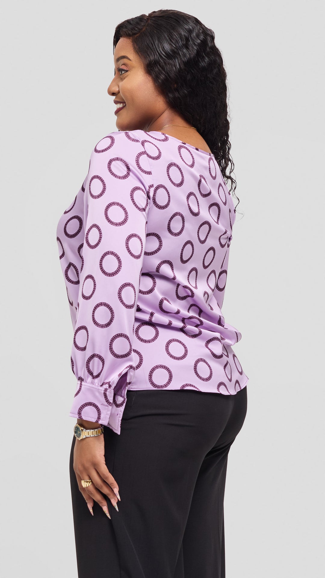 Vivo Tatili Bishop Long Sleeve Top in Satin - Lilac / Maroon Garini Print