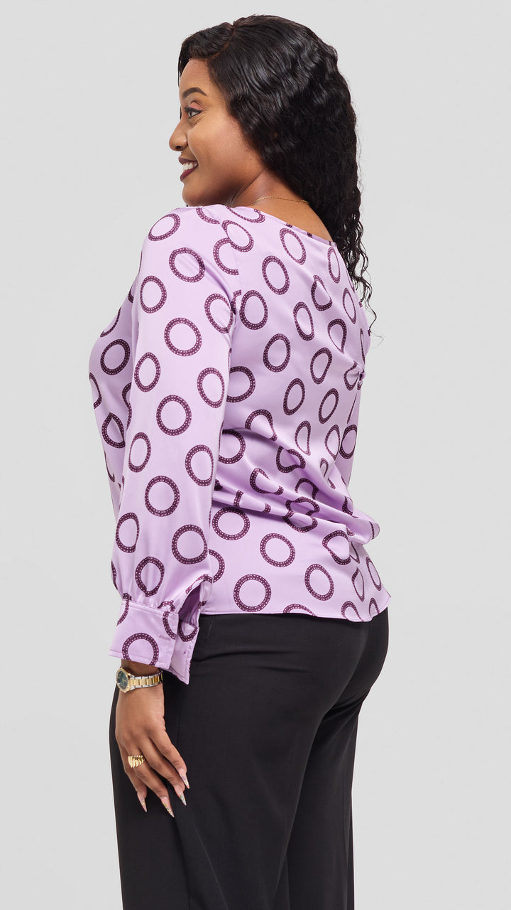 Vivo Tatili Bishop Long Sleeve Top in Satin - Lilac / Maroon Garini Print