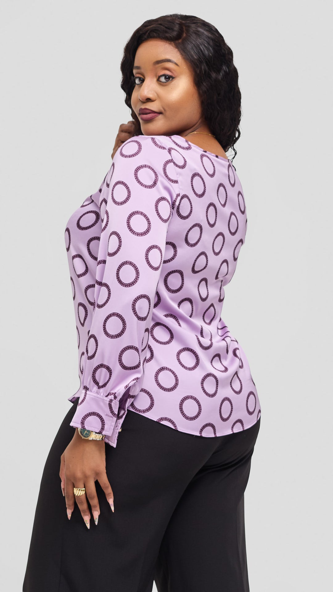 Vivo Tatili Bishop Long Sleeve Top in Satin - Lilac / Maroon Garini Print