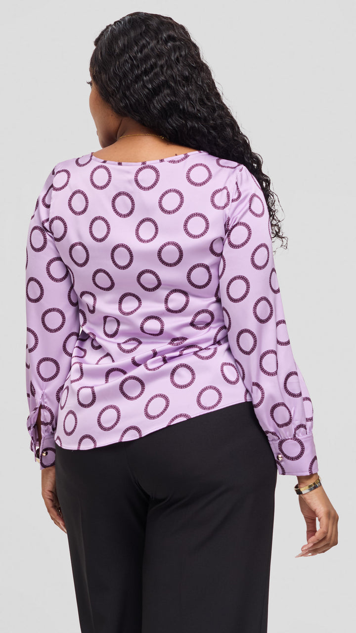 Vivo Tatili Bishop Long Sleeve Top in Satin - Lilac / Maroon Garini Print