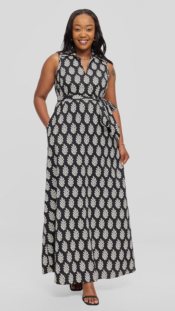 Vivo Sleeveless Maxi Dress in Cotton - Black / White Print