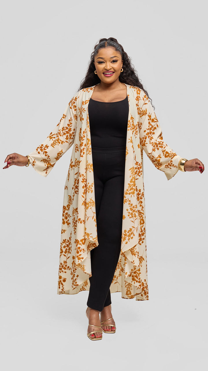 Vivo Maisha Long Sleeve High Low Kimono - Cream / Gold Uwa Print