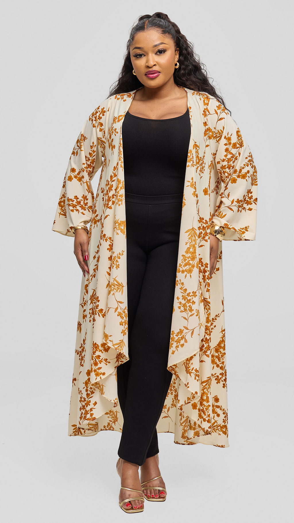 Vivo Maisha Long Sleeve High Low Kimono - Cream / Gold Uwa Print