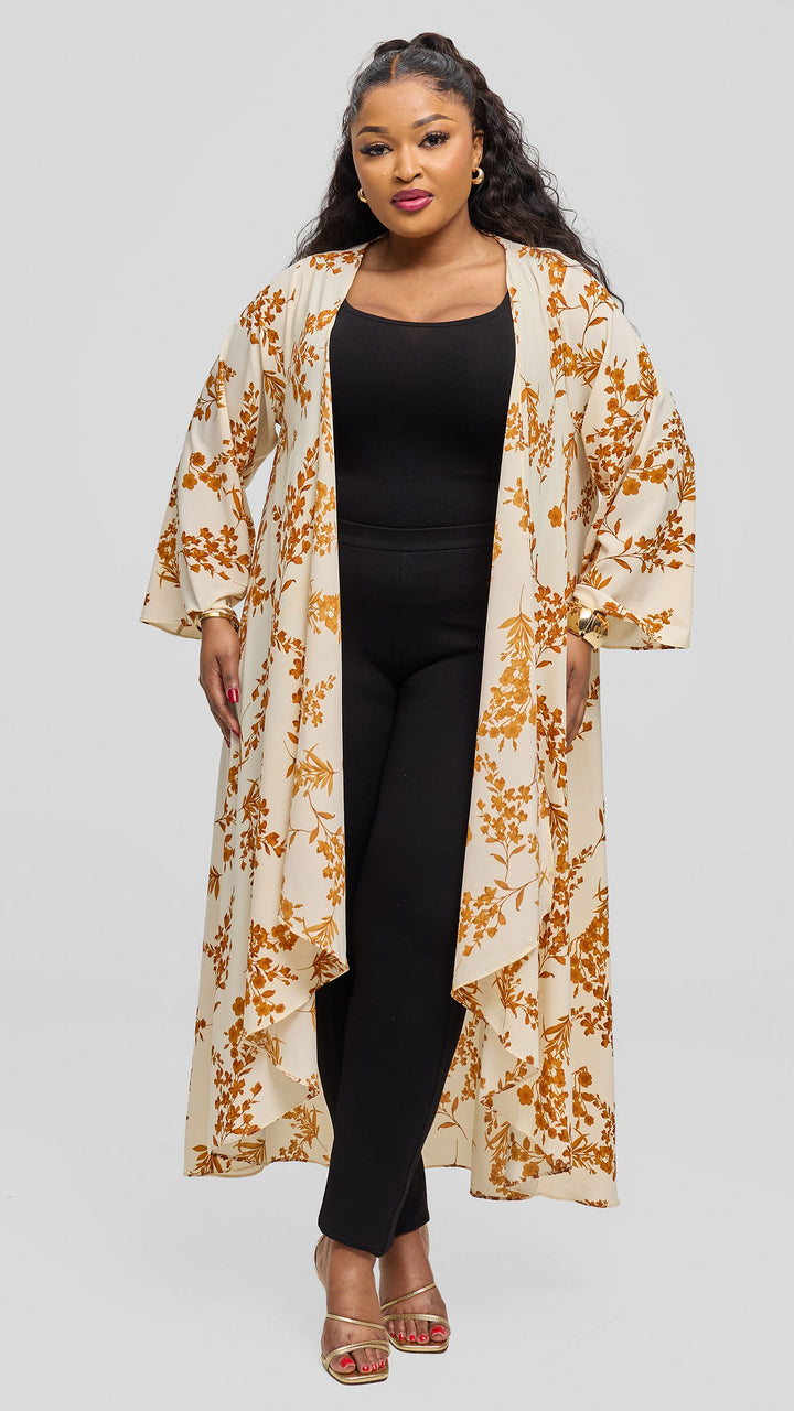 Vivo Maisha Long Sleeve High Low Kimono - Cream / Gold Uwa Print