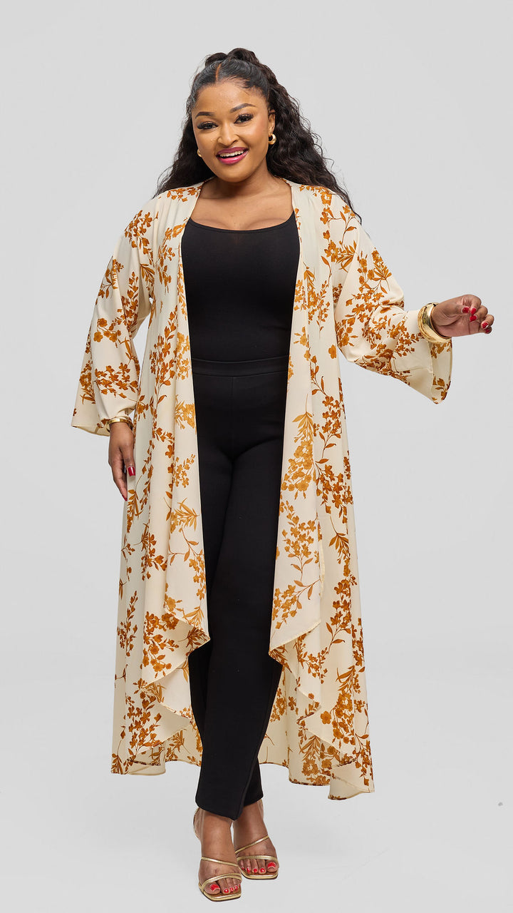 Vivo Maisha Long Sleeve High Low Kimono - Cream / Gold Uwa Print