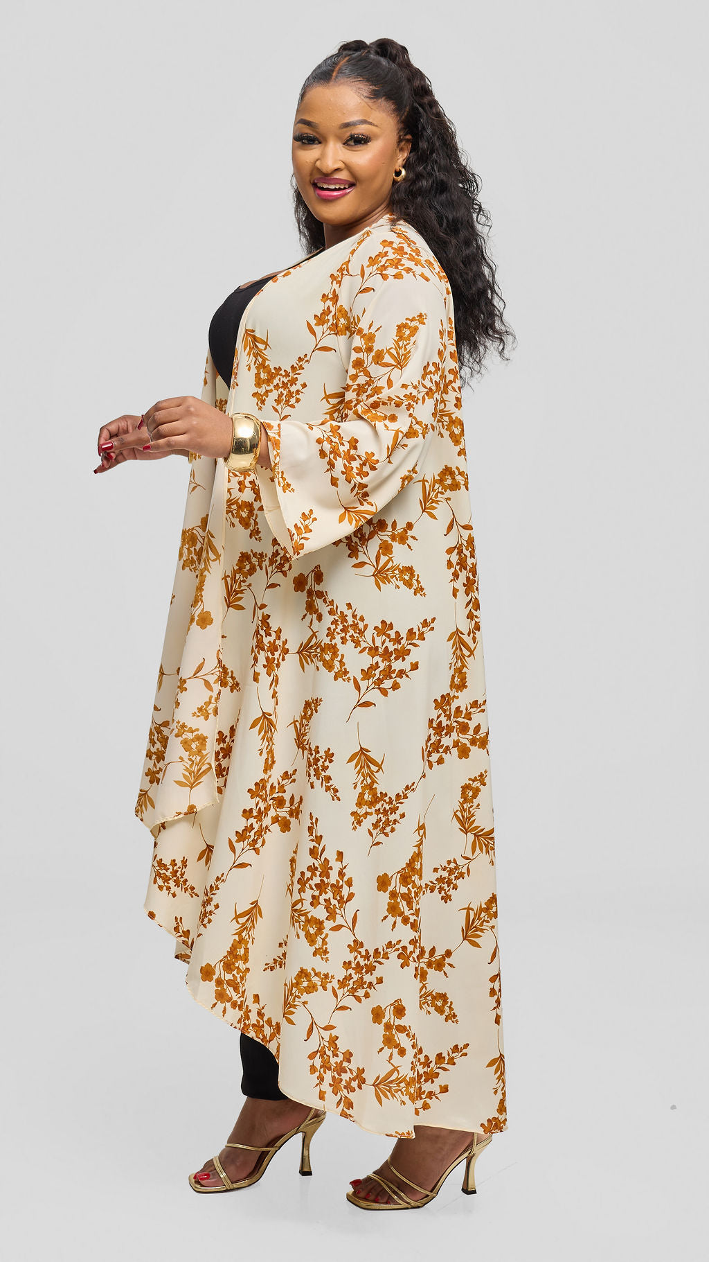 Vivo Maisha Long Sleeve High Low Kimono - Cream / Gold Uwa Print
