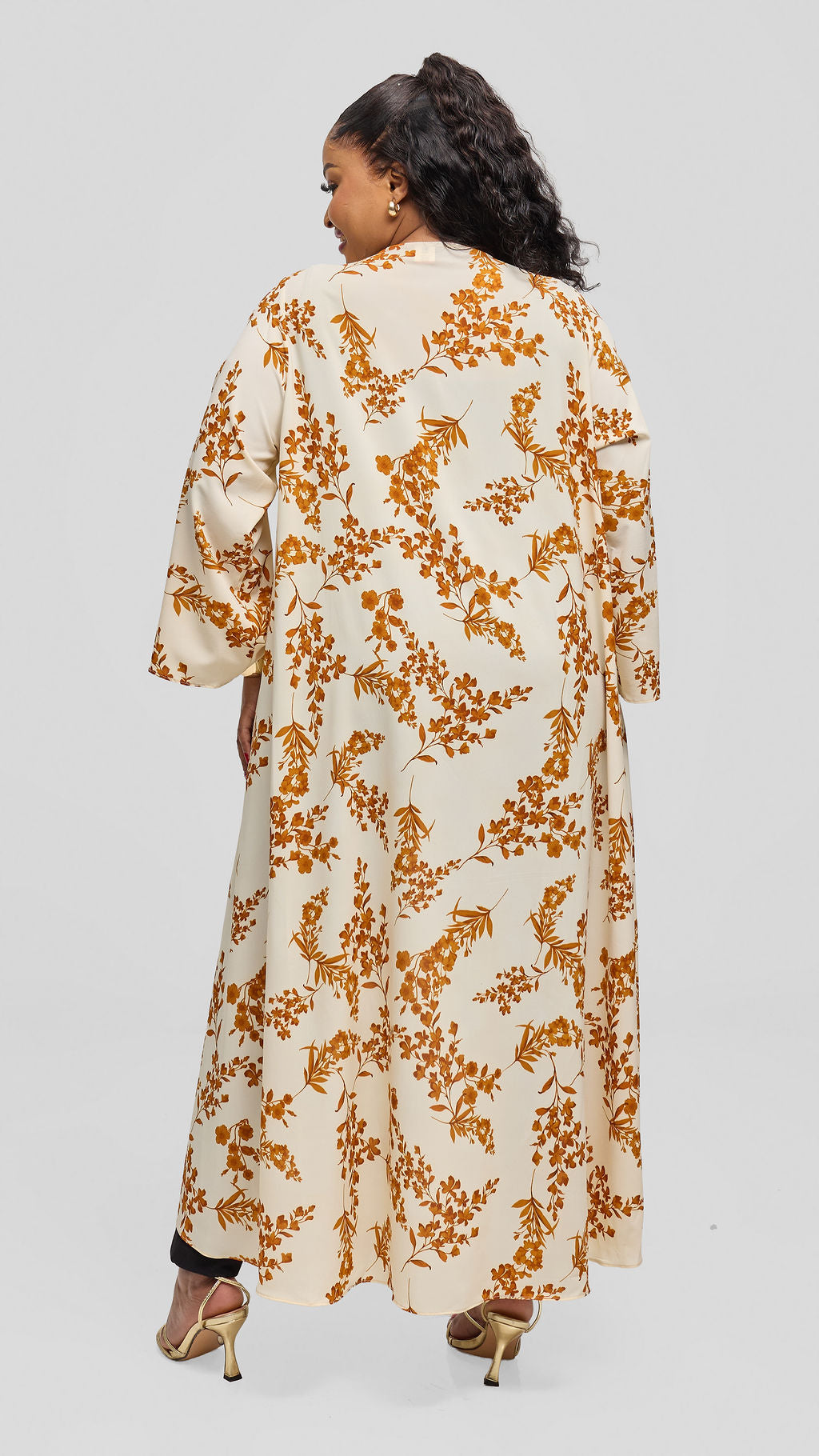 Vivo Maisha Long Sleeve High Low Kimono - Cream / Gold Uwa Print