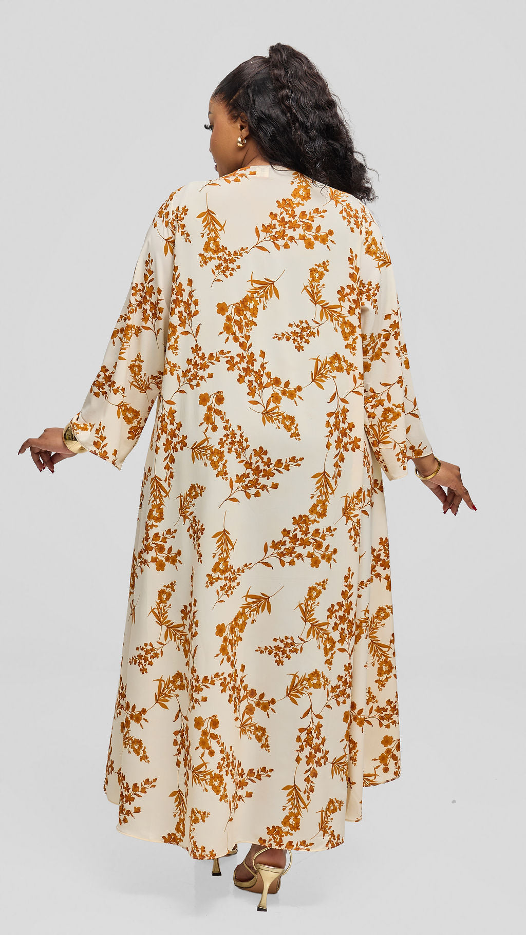 Vivo Maisha Long Sleeve High Low Kimono - Cream / Gold Uwa Print