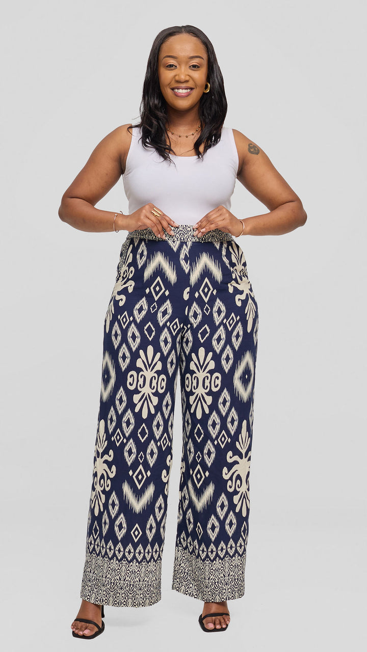 Vivo Samira Pants in Rayon - Cream / Navy Print