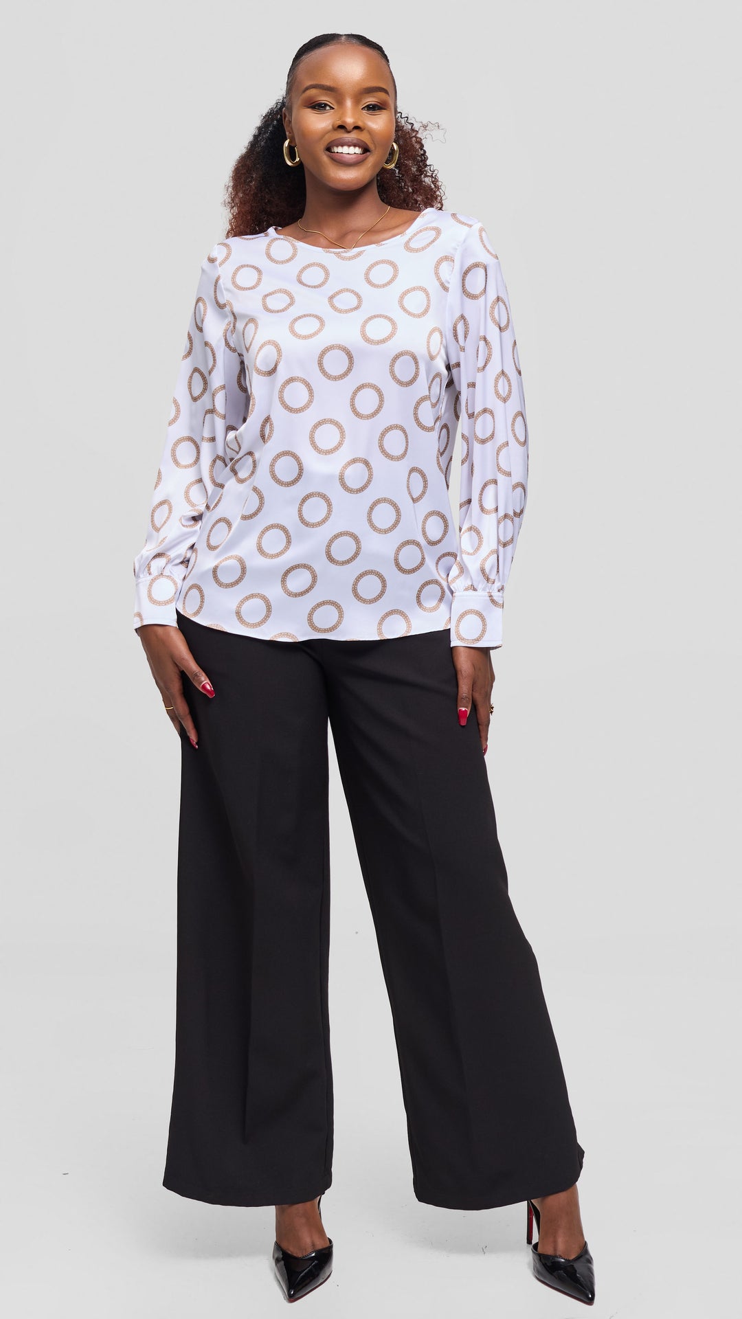 Vivo Tatili Bishop Long Sleeve Top in Satin - White / Taupe Garini Print
