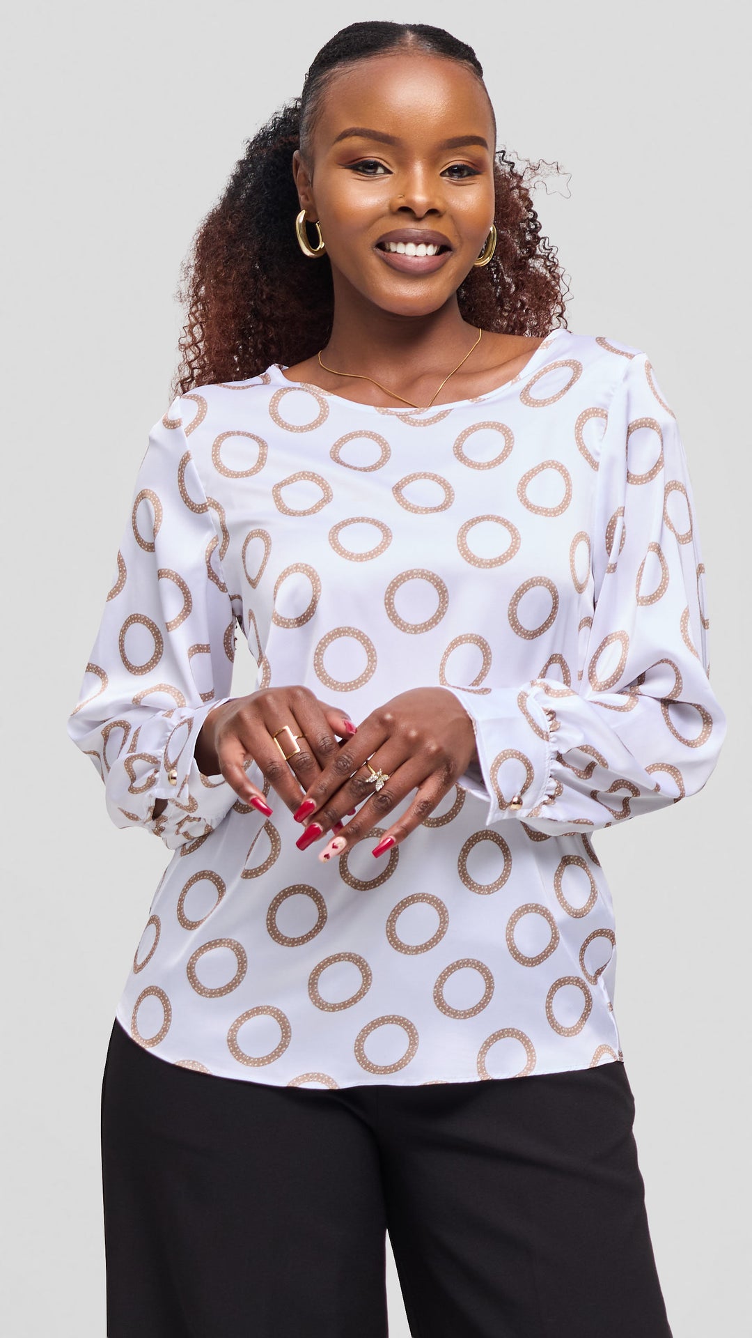 Vivo Tatili Bishop Long Sleeve Top in Satin - White / Taupe Garini Print