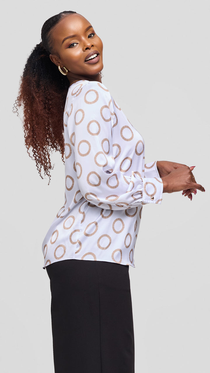 Vivo Tatili Bishop Long Sleeve Top in Satin - White / Taupe Garini Print
