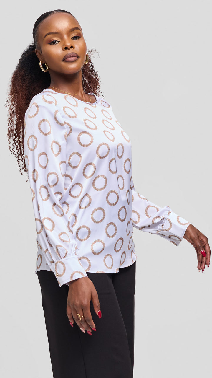 Vivo Tatili Bishop Long Sleeve Top in Satin - White / Taupe Garini Print