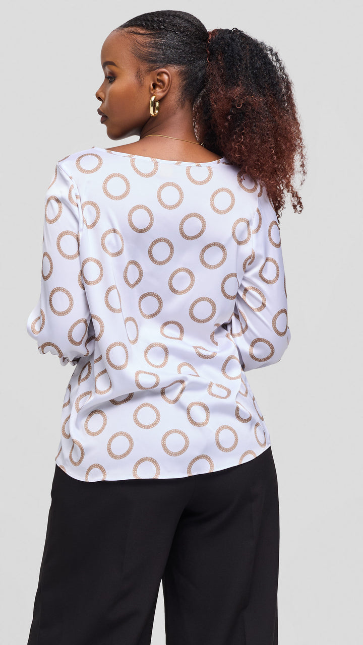 Vivo Tatili Bishop Long Sleeve Top in Satin - White / Taupe Garini Print
