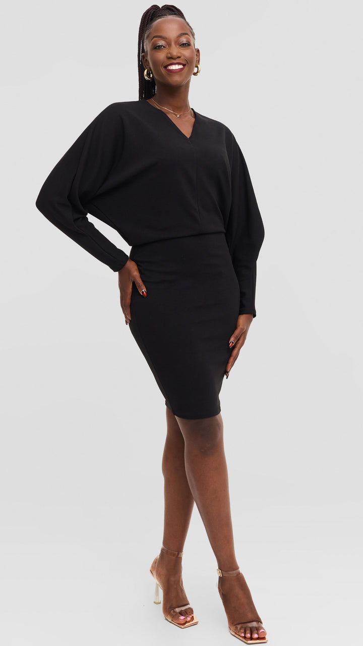 Vivo V-Neck Dress in Stretch Rib - Black