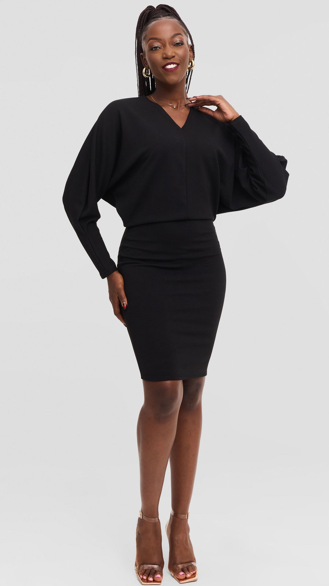 Vivo V-Neck Dress in Stretch Rib - Black