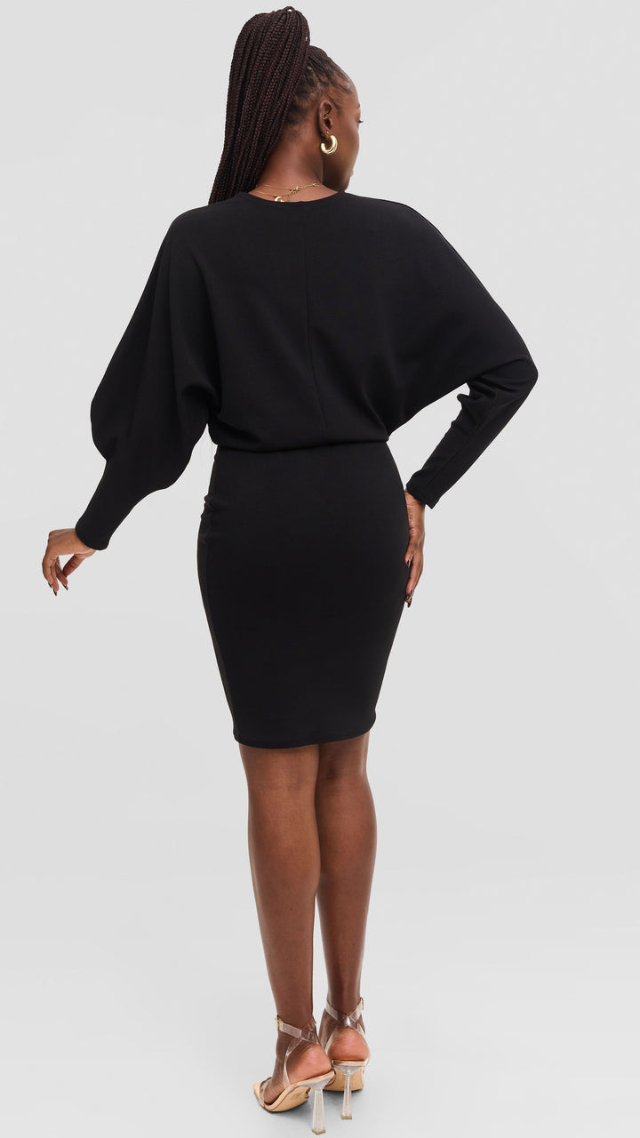 Vivo V-Neck Dress in Stretch Rib - Black