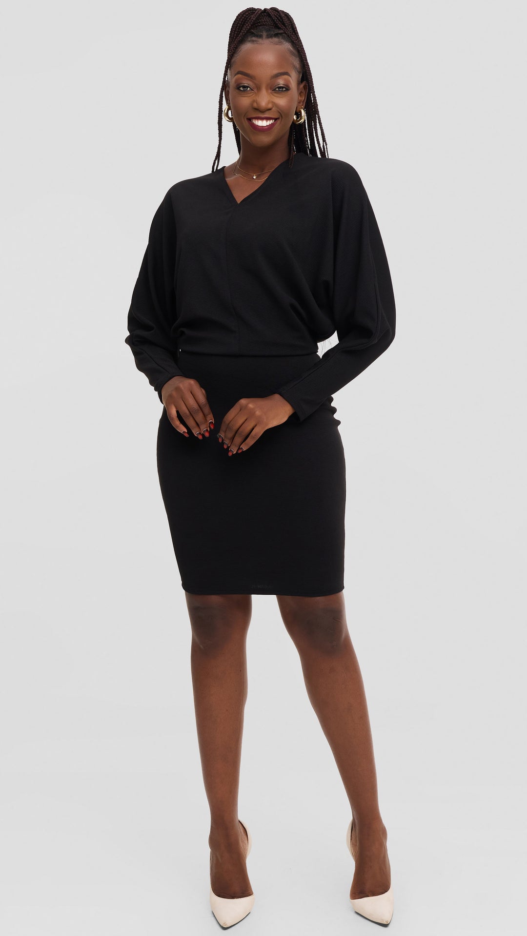 Vivo V-Neck Dress in Stretch Rib - Black