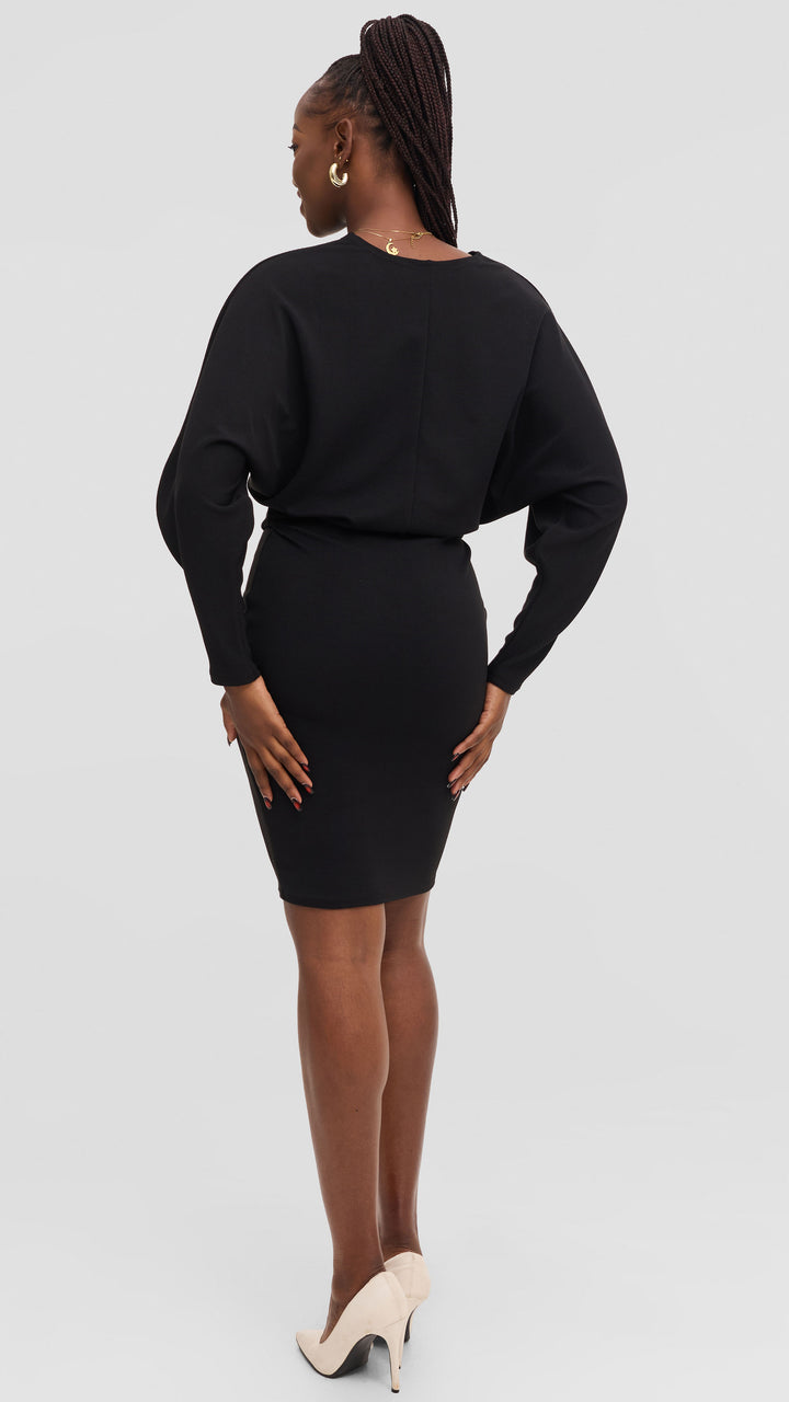 Vivo V-Neck Dress in Stretch Rib - Black