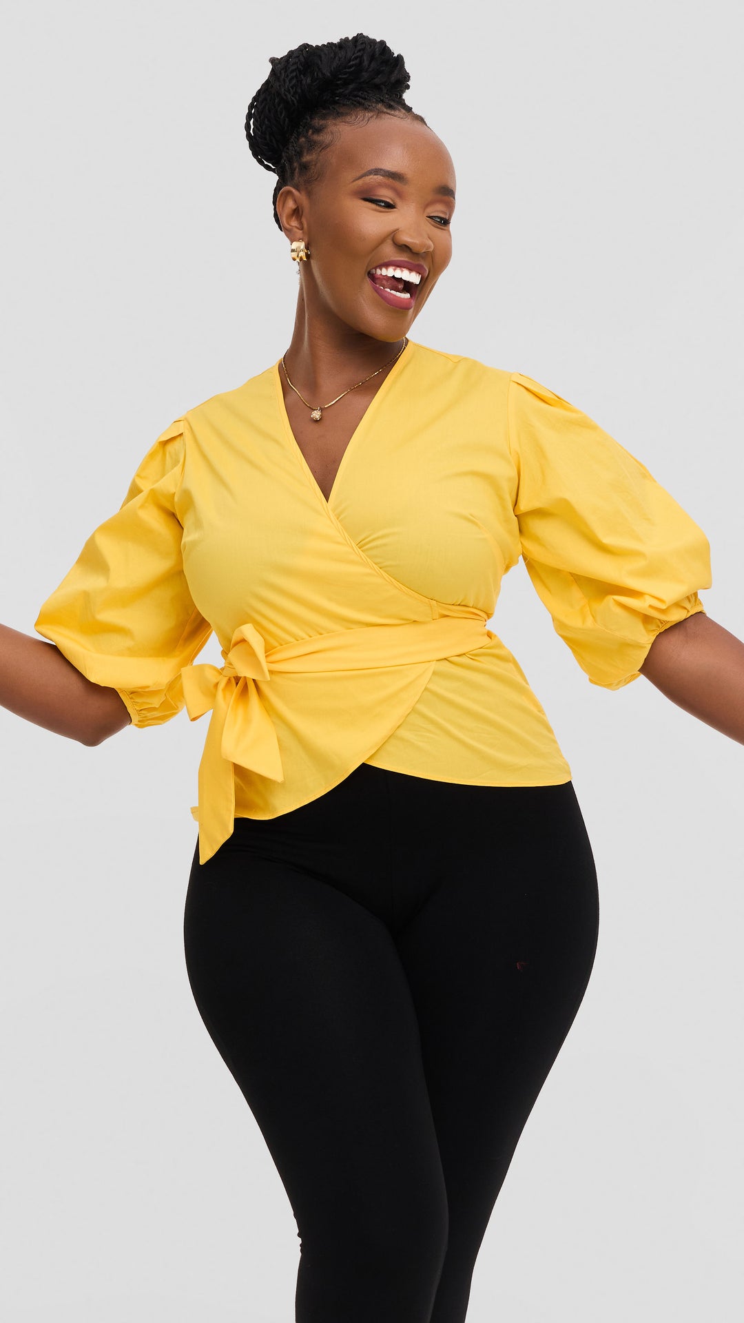 Vivo Cotton 3/4 Sleeve Wrap Top - Yellow