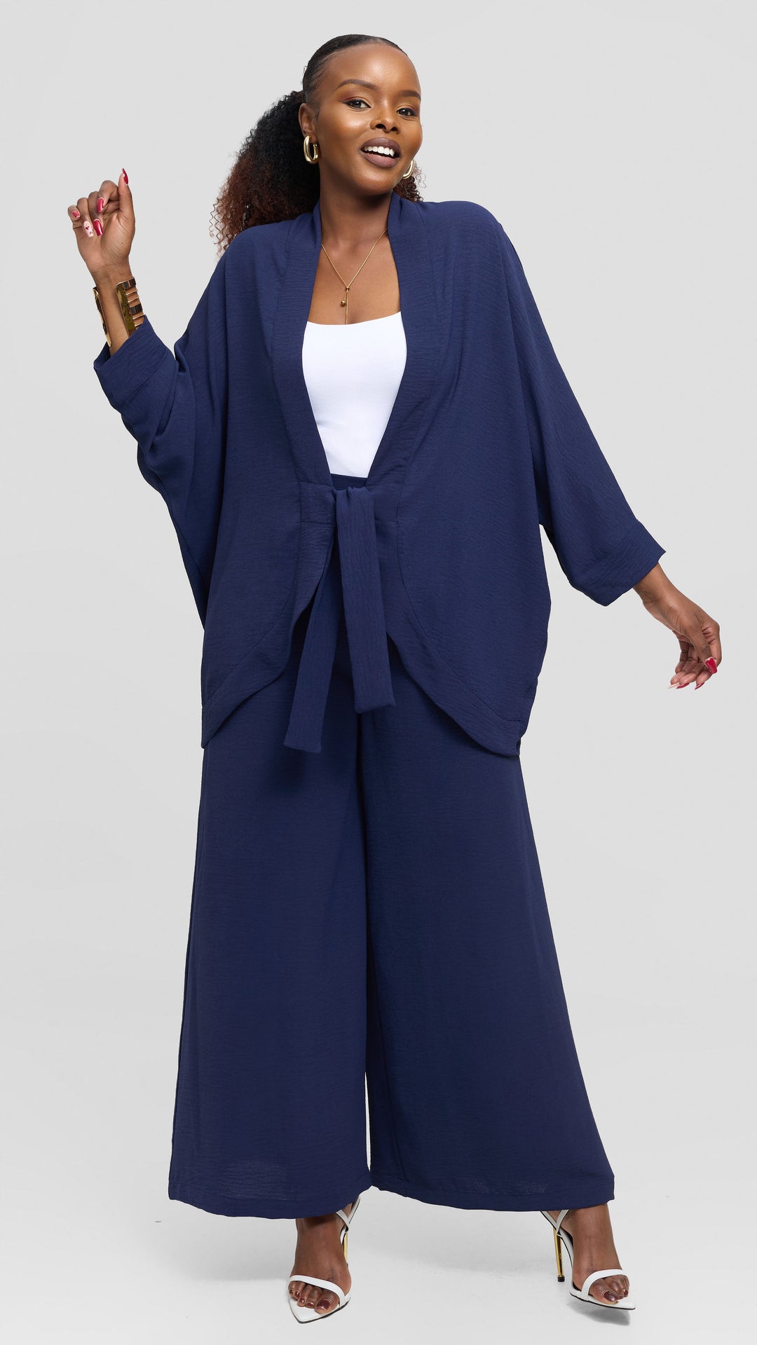 Vivo Tie Dolman Kimono in Textured Crepe - Navy
