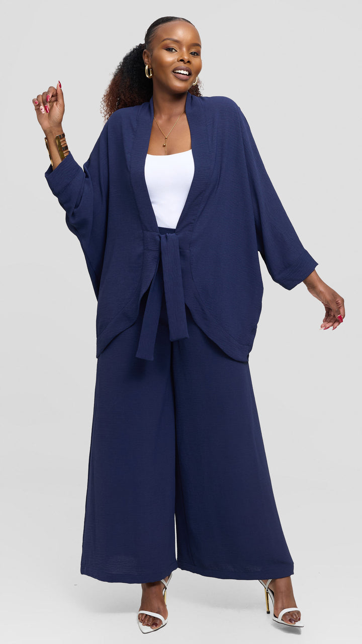 Vivo Tie Dolman Kimono in Textured Crepe - Navy