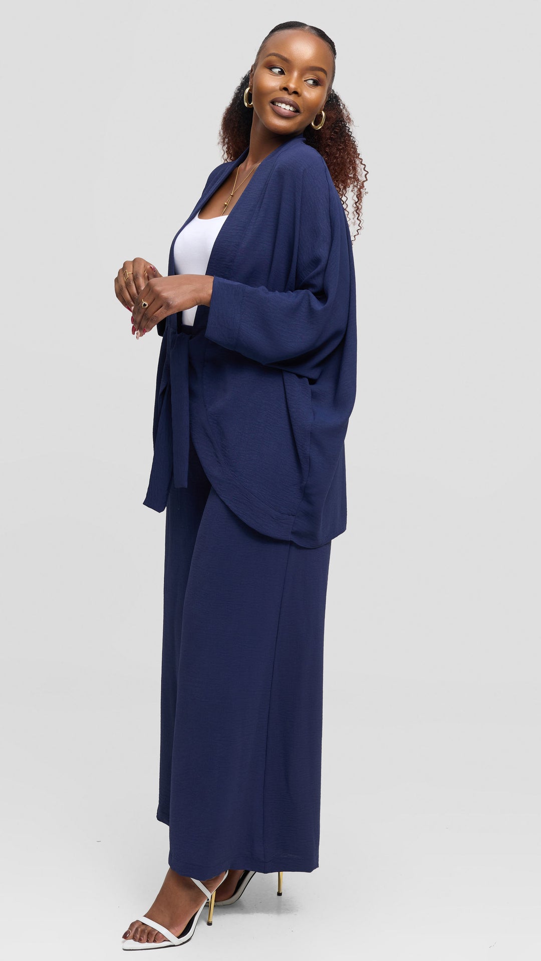 Vivo Tie Dolman Kimono in Textured Crepe - Navy