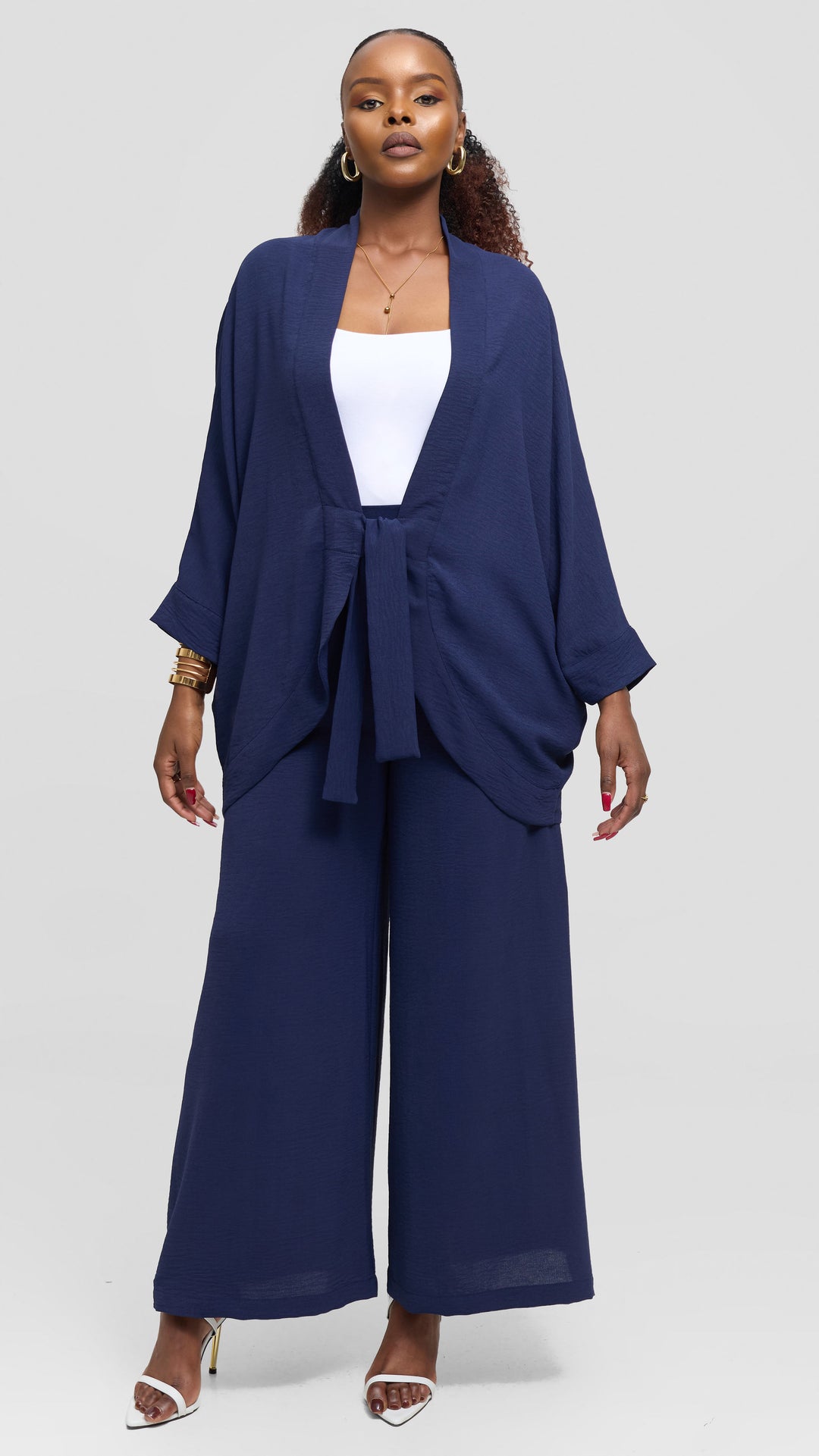 Vivo Tie Dolman Kimono in Textured Crepe - Navy