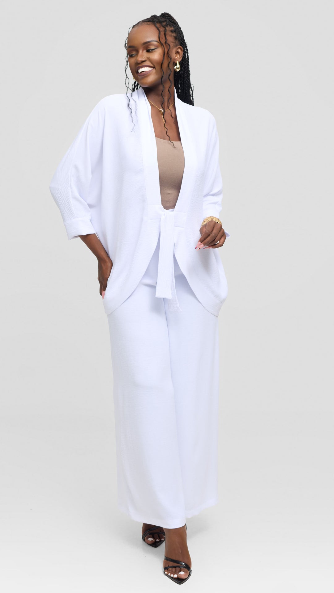 Vivo Tie Dolman Kimono in Textured Crepe - White