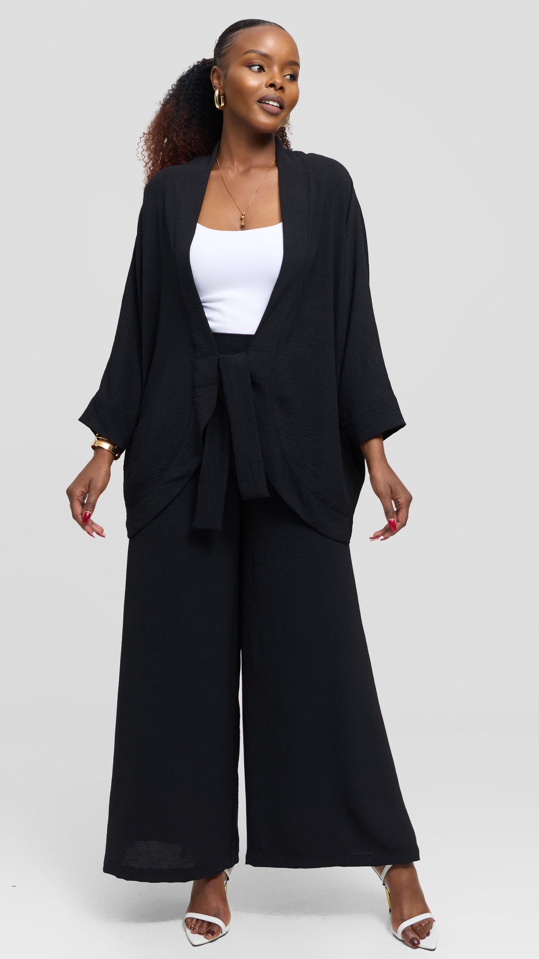 Vivo Tie Dolman Kimono in Textured Crepe - Black