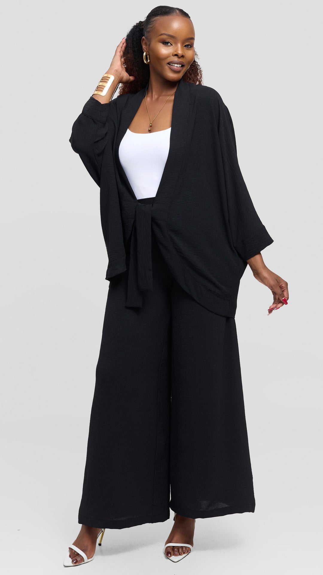 Vivo Tie Dolman Kimono in Textured Crepe - Black