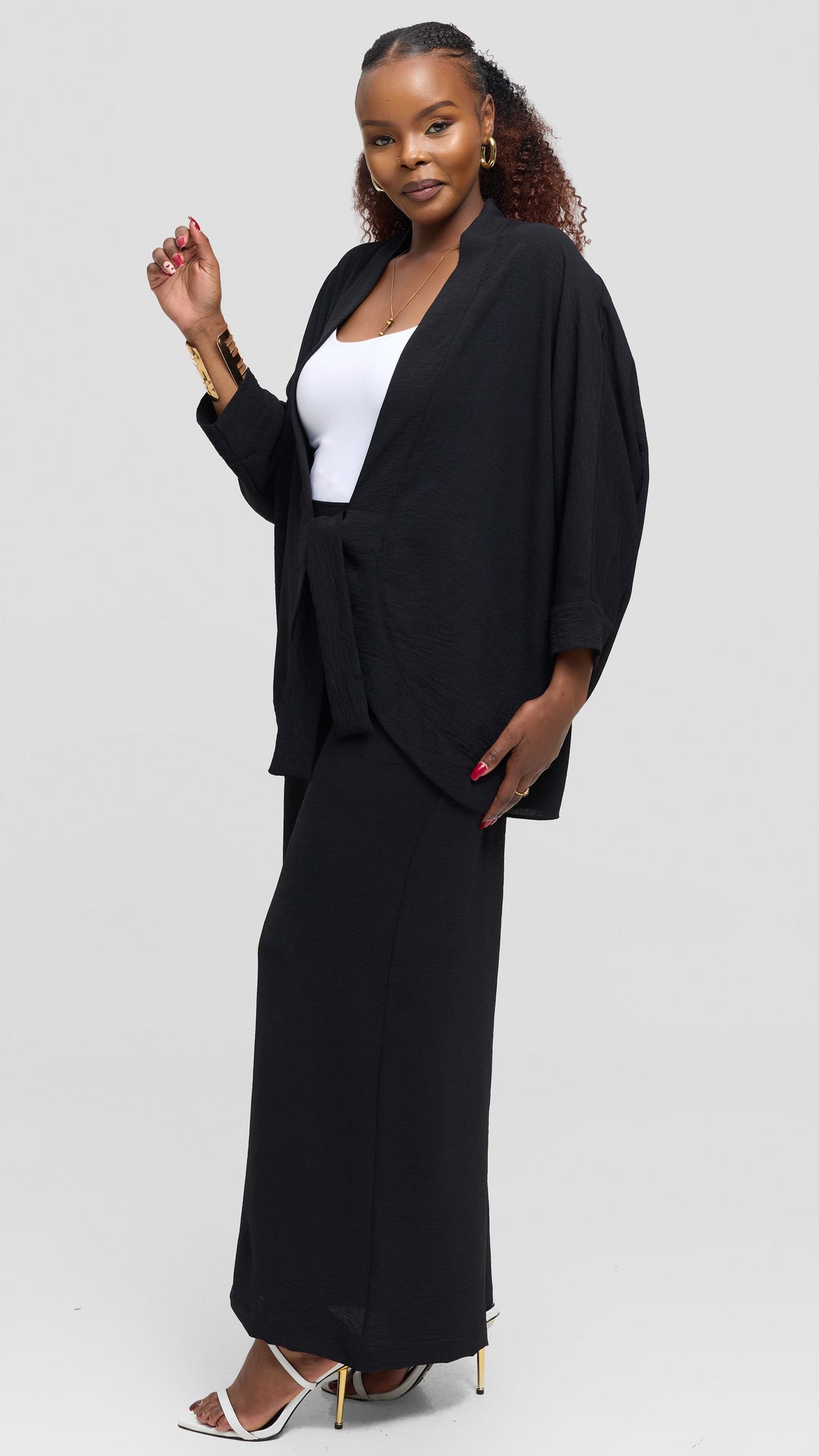 Vivo Tie Dolman Kimono in Textured Crepe - Black