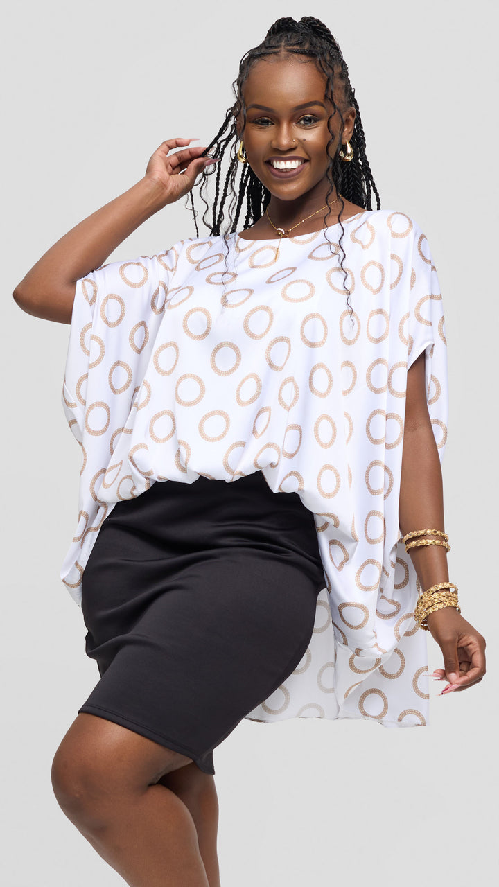 Vivo Amai Hi-Low Top in Satin - White / Taupe Garini Print